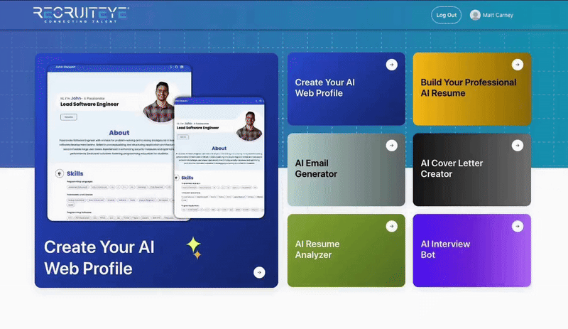 RecruitEye dashboard showcasing AI web profile creation, resume builder, email generator, cover letter creator, resume analyzer, and interview bot features.