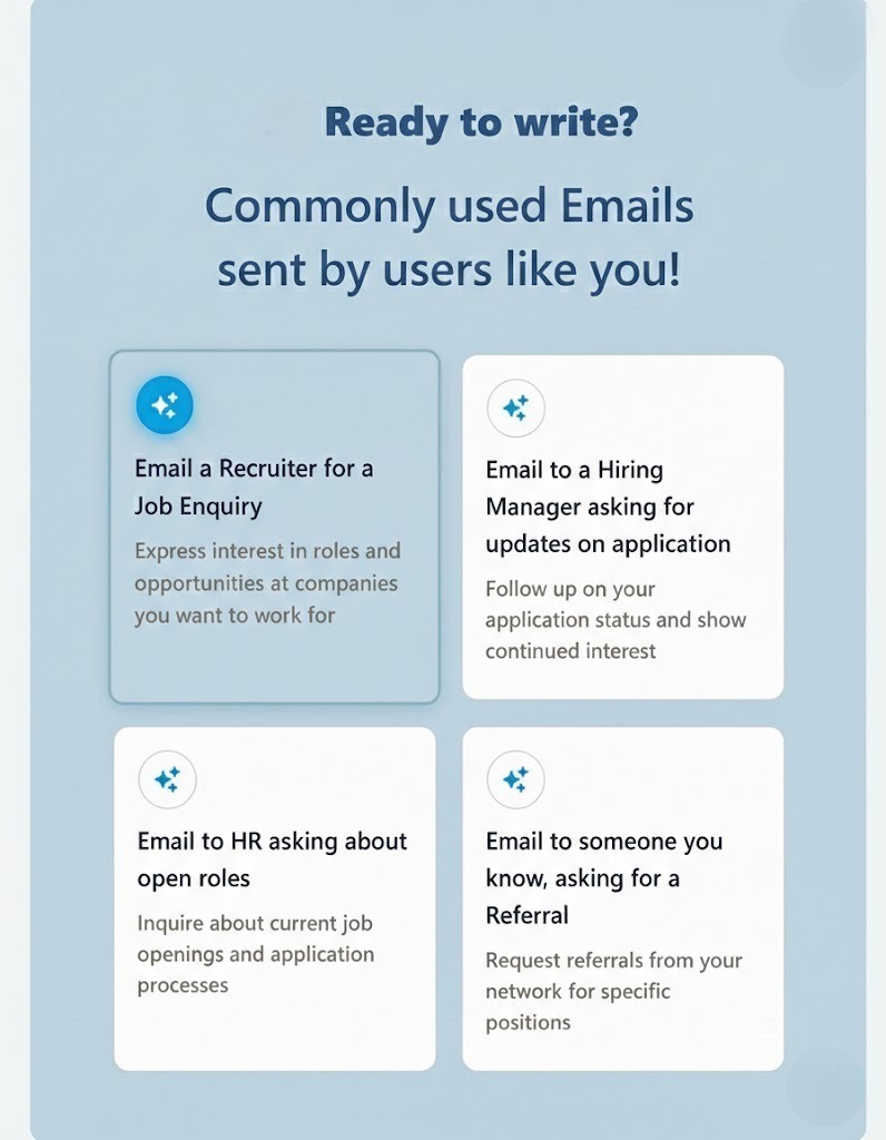 AI-generated email templates for job inquiries, follow-ups, and referrals, showcasing commonly used email formats by RecruitEye users.