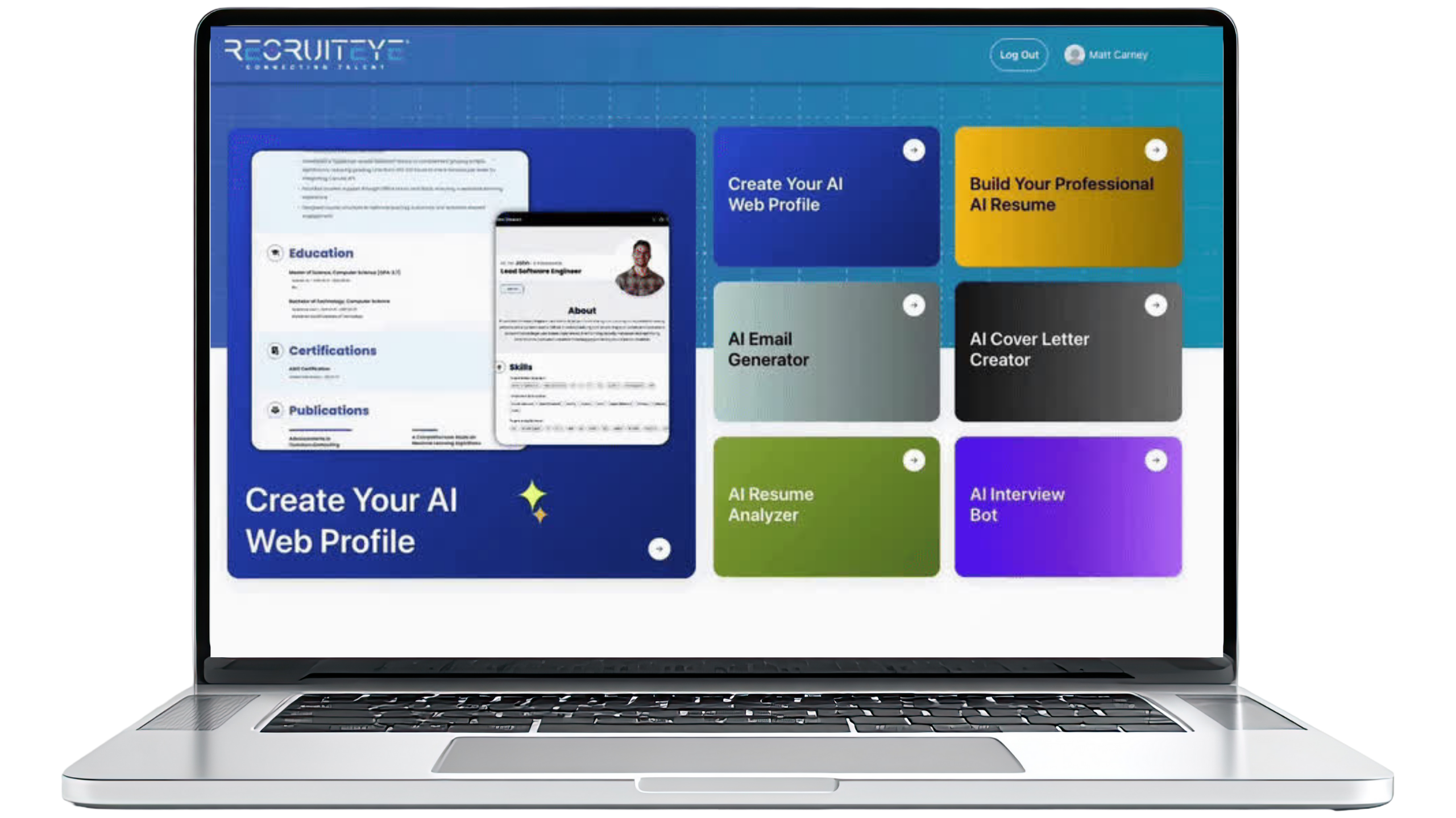 Laptop displaying RecruitEye's interface for creating AI web profiles and accessing career tools like resume builder, email generator, and interview bot.