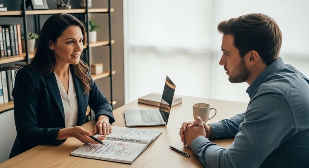 Career coach providing personalized guidance to a client, emphasizing tailored career strategies
