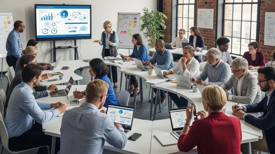 Diverse professionals collaborating in a learning environment focused on upskilling and reskilling