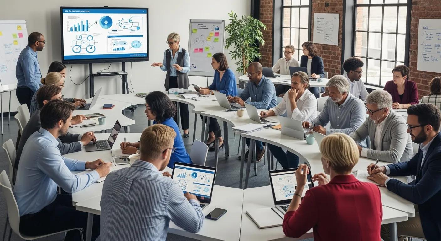 Diverse professionals collaborating in a learning environment focused on upskilling and reskilling