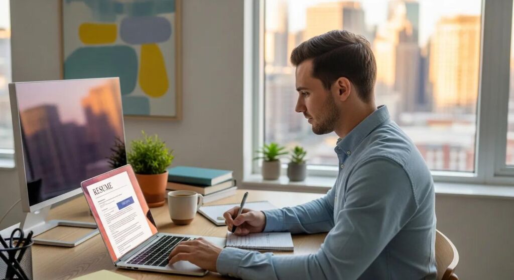 Young professional writing a resume objective in an inspiring workspace