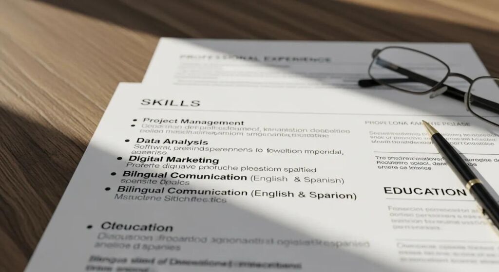 Close-up of a functional resume emphasizing skills on a wooden table
