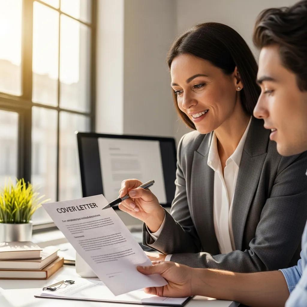 A mentor guiding a job seeker on crafting personalized cover letter introductions in a bright office