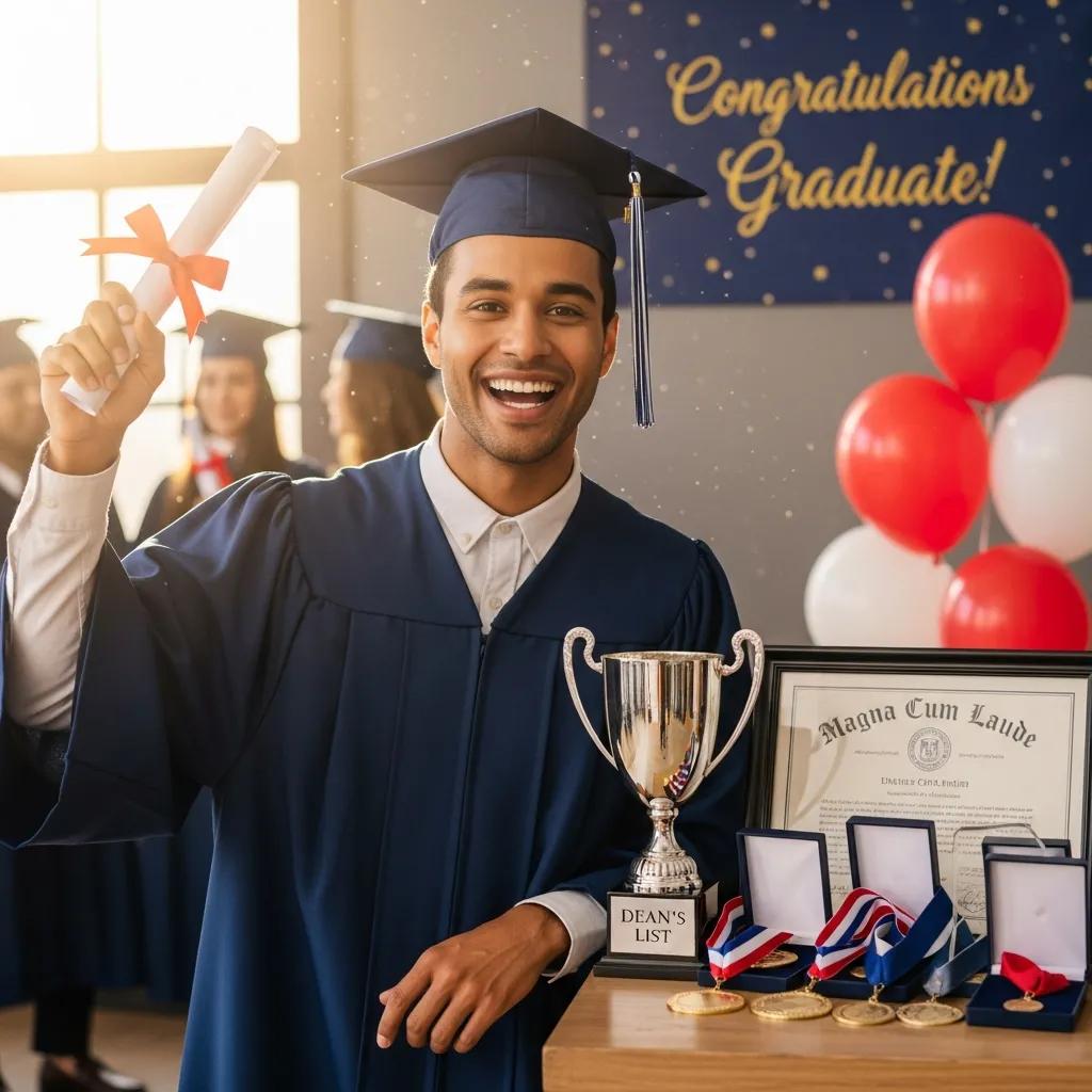 A proud graduate holding a diploma and wearing a graduation cap, surrounded by academic awards, representing academic achievements and success.