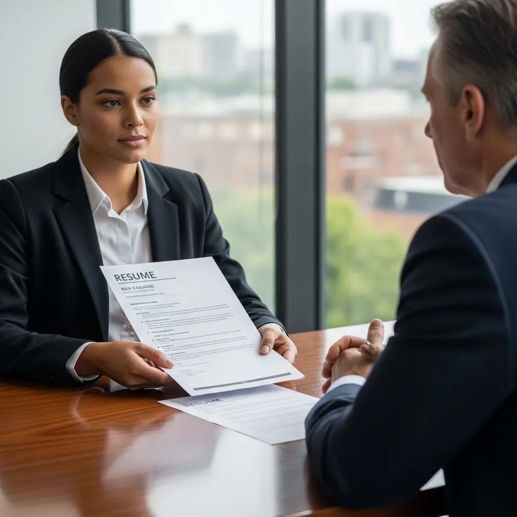 A young job seeker presenting their resume and cover letter during an interview, emphasizing effective opening sentences