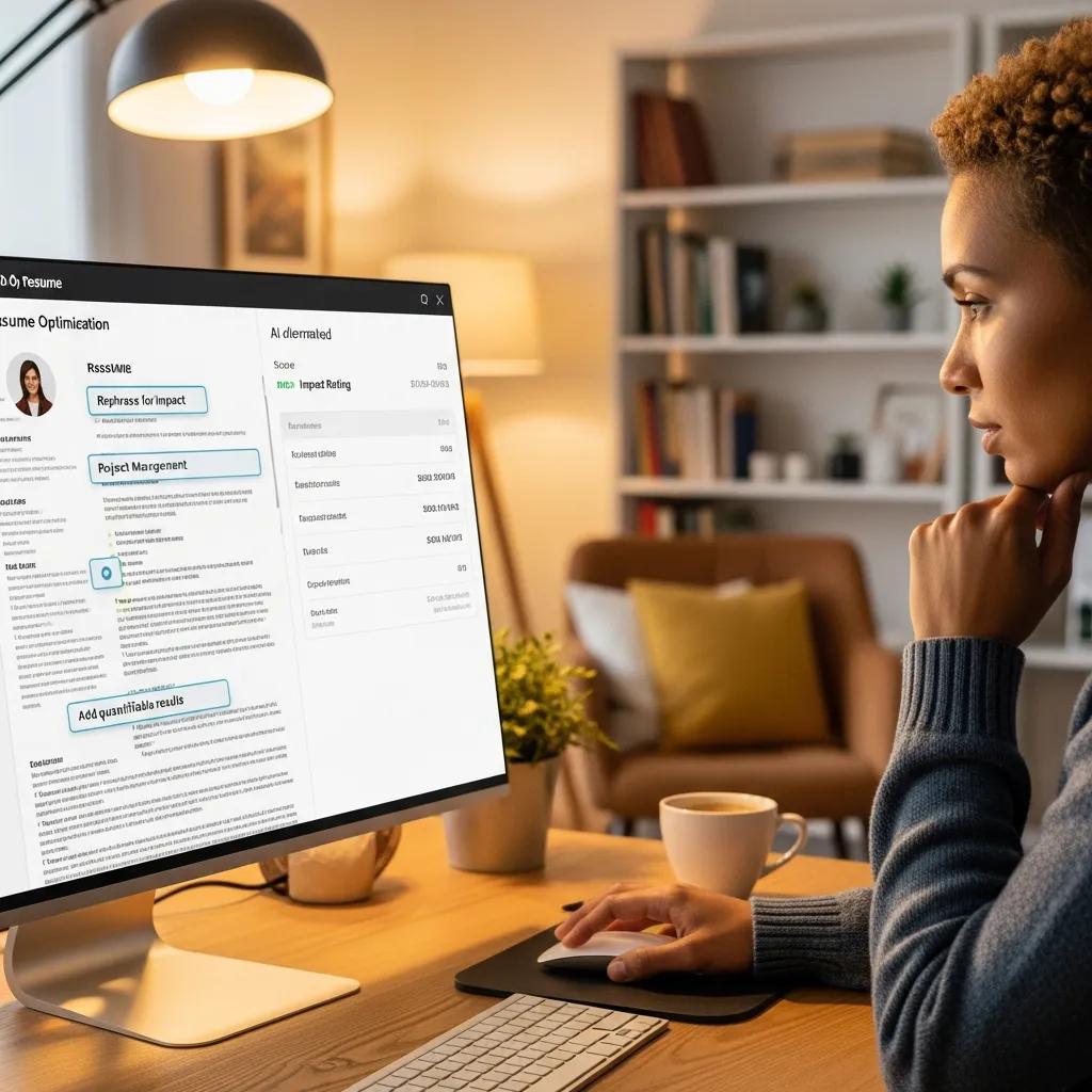 AI tool optimizing a resume in a cozy office setting