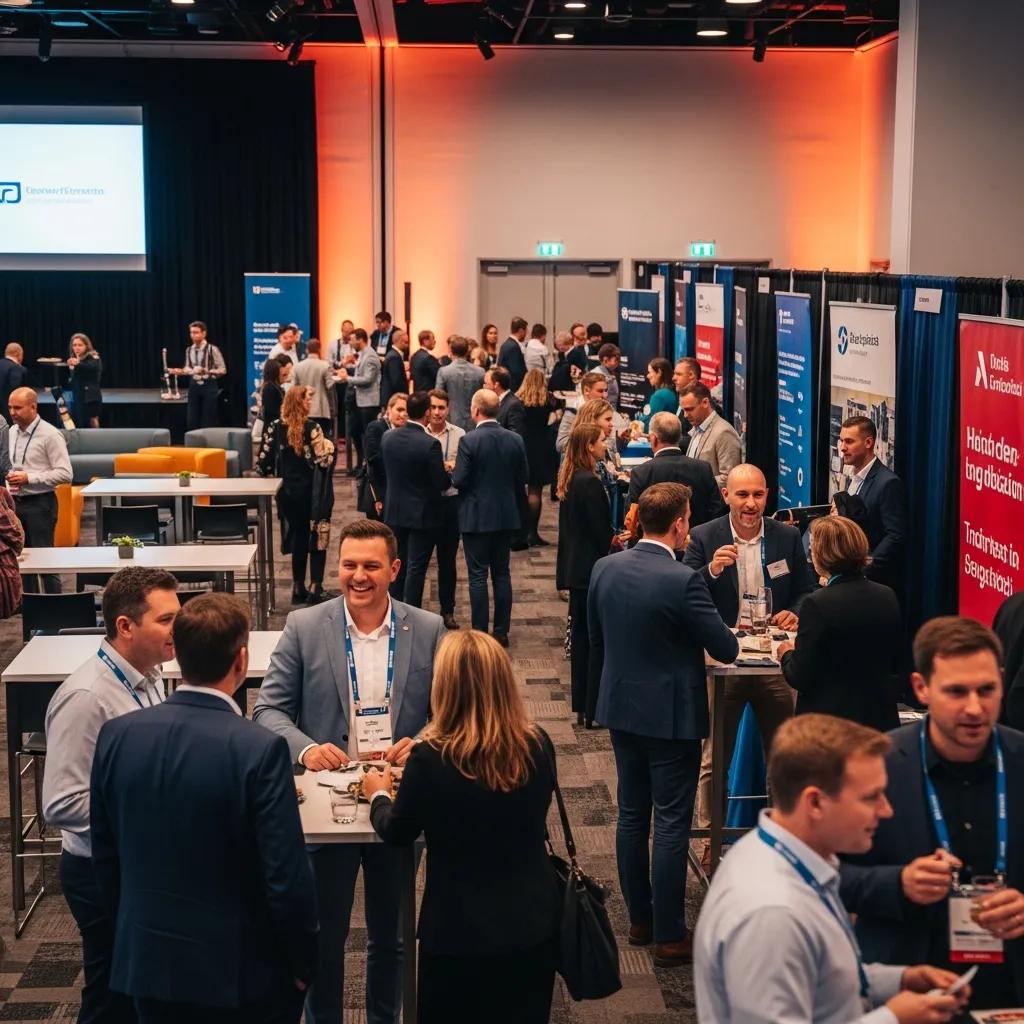Attendees engaging at a networking event, exchanging contact information and ideas