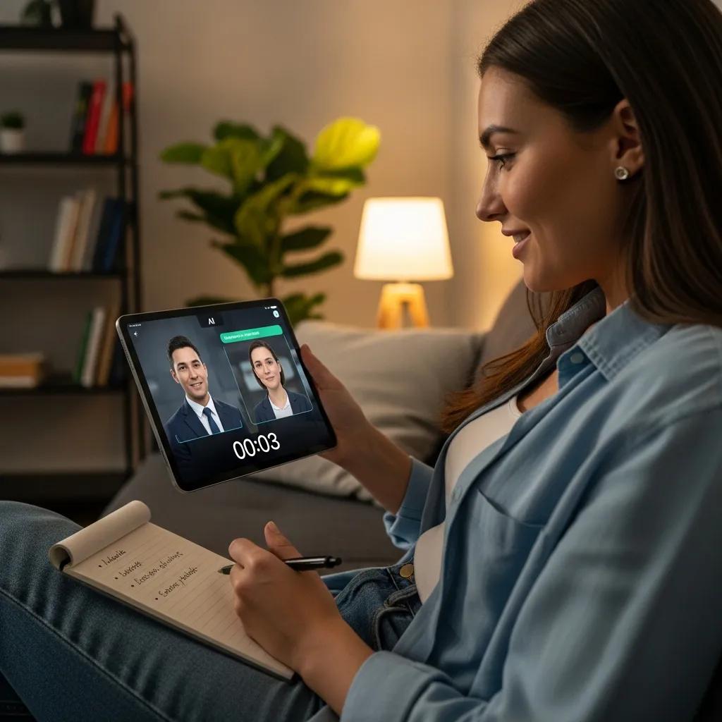 Candidate practicing interview skills using AI tools in a cozy home setting
