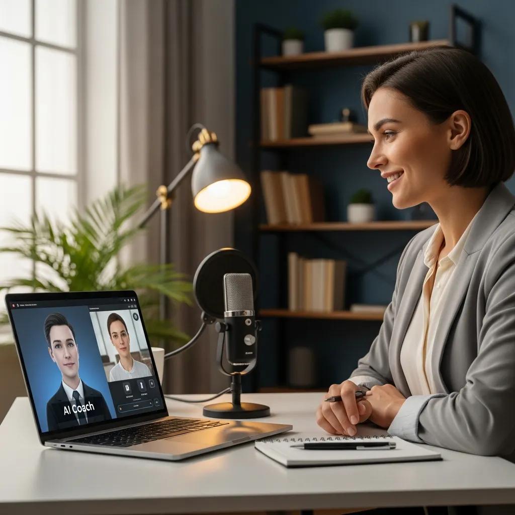 Candidate practicing interview skills with AI tools in a professional setting