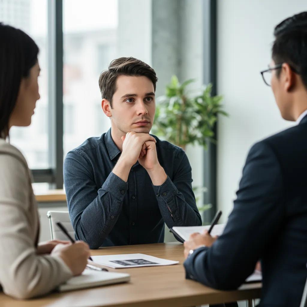 Candidate appearing uneasy during an interview, illustrating interview warning signs