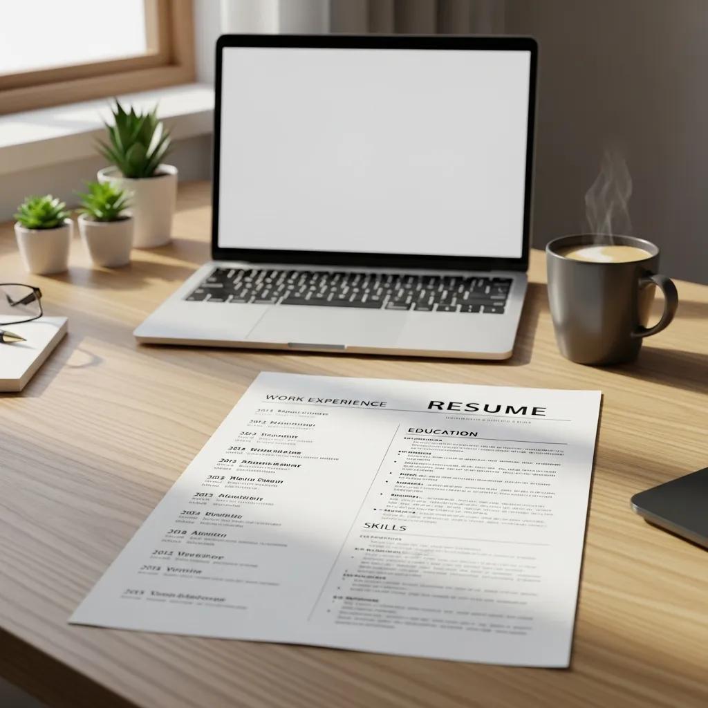 Chronological resume displayed on a desk with a laptop and coffee