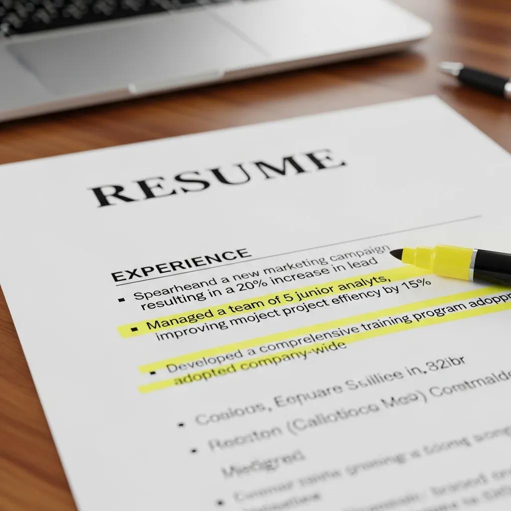 Close-up of a resume with highlighted achievement-oriented bullet points