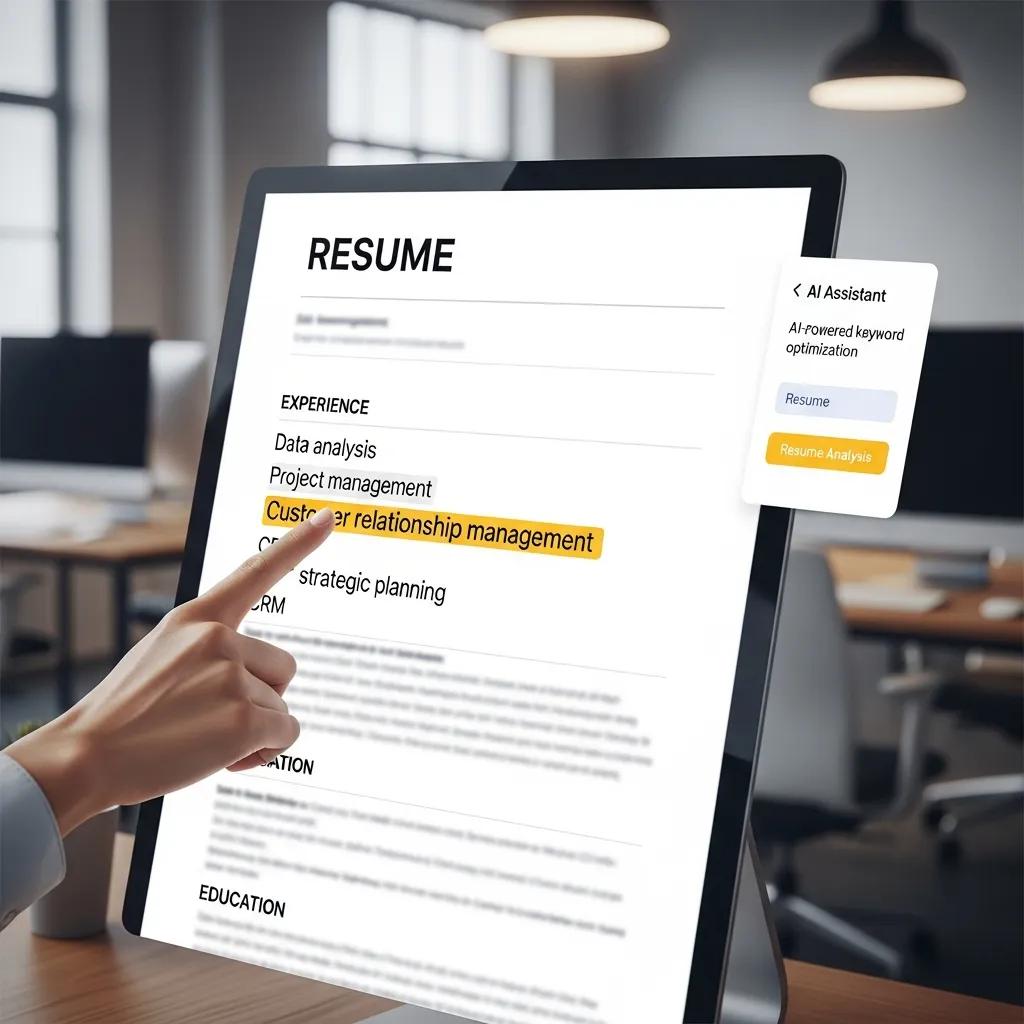 Close-up of a tailored resume on a computer screen with highlighted keywords