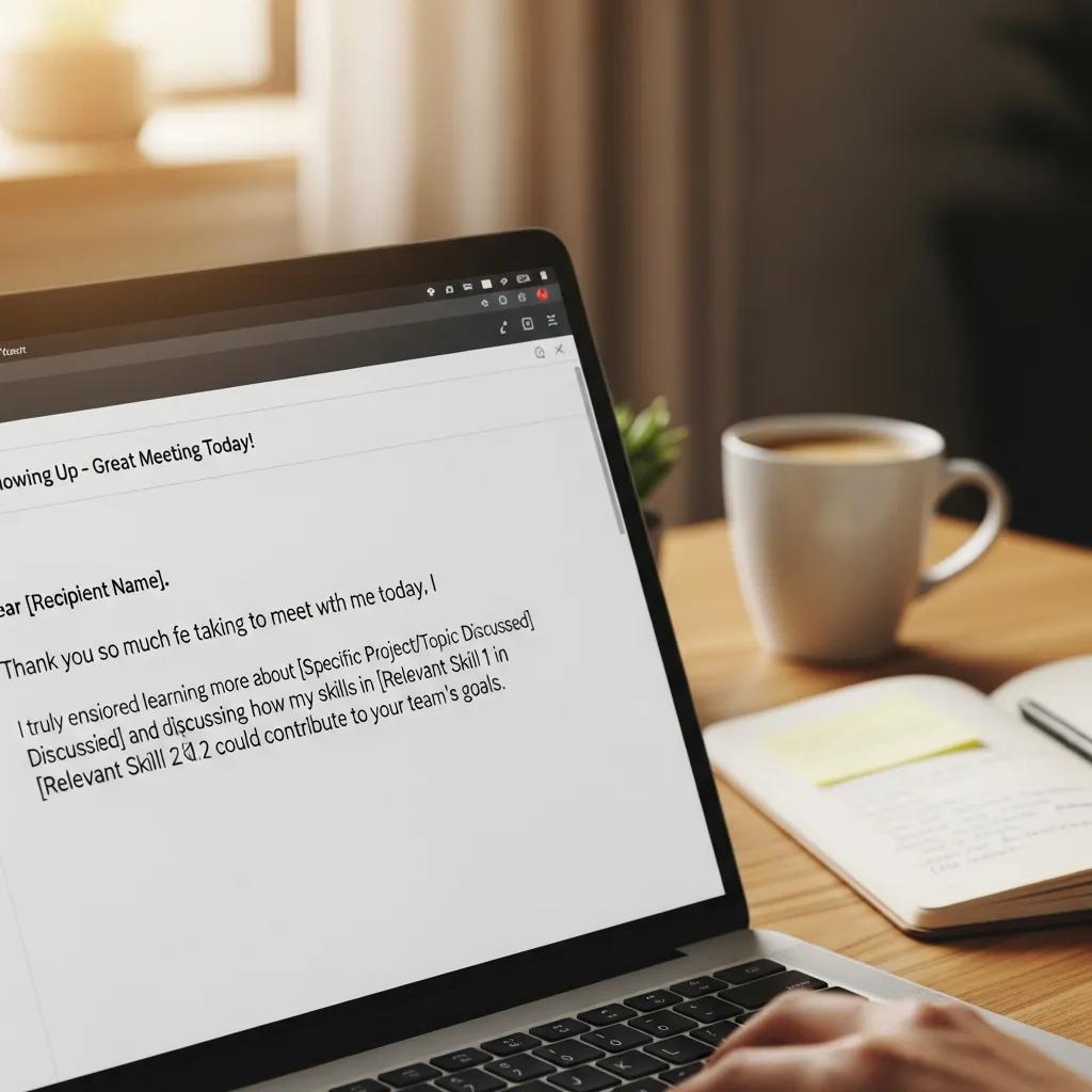 Close-up of a thank-you email draft on a laptop screen in a cozy home office