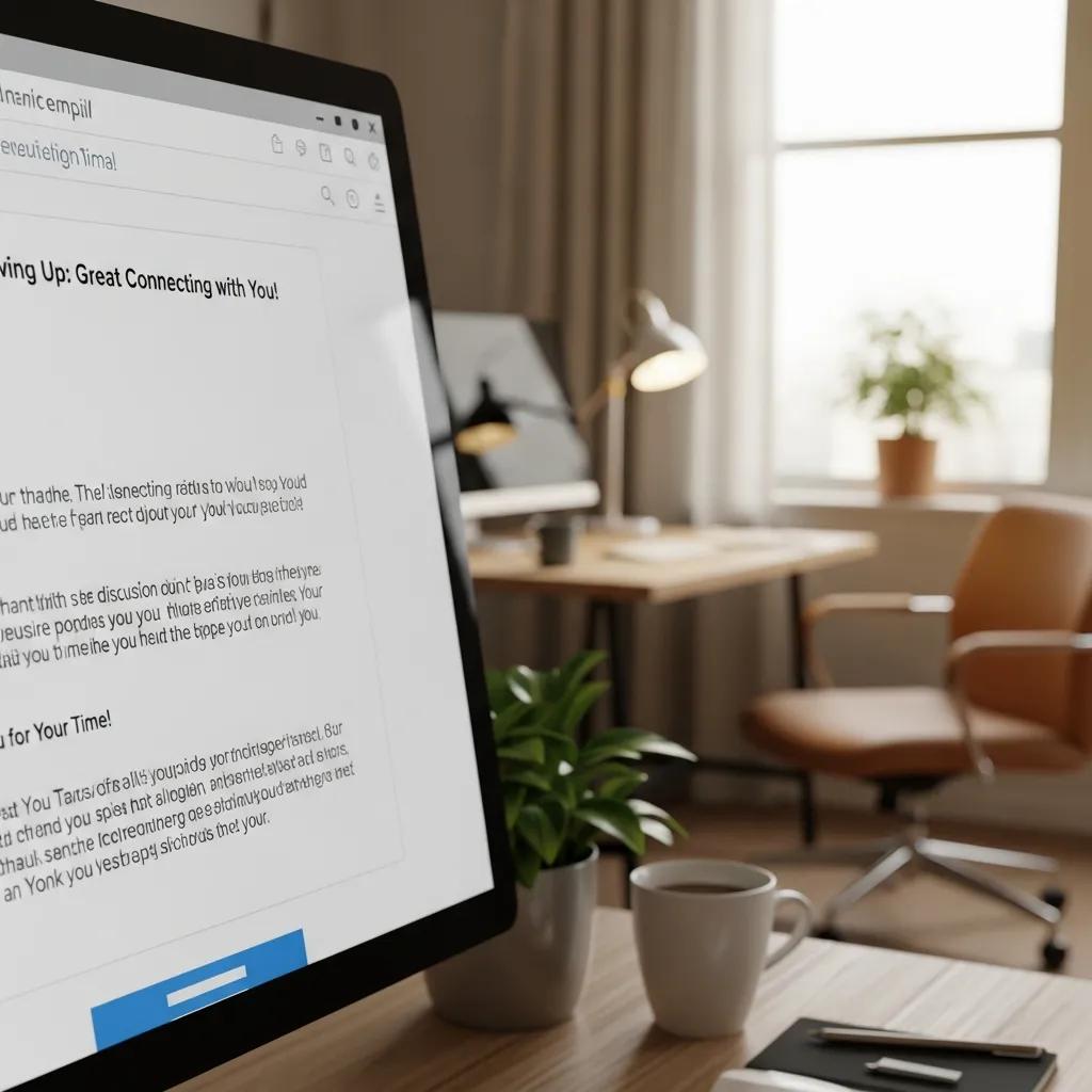 Close-up of a thank-you email template on a computer screen in a professional workspace