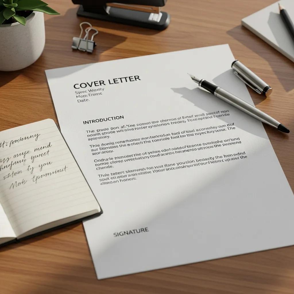 Close-up of a well-organized cover letter on a desk with a pen and notepad
