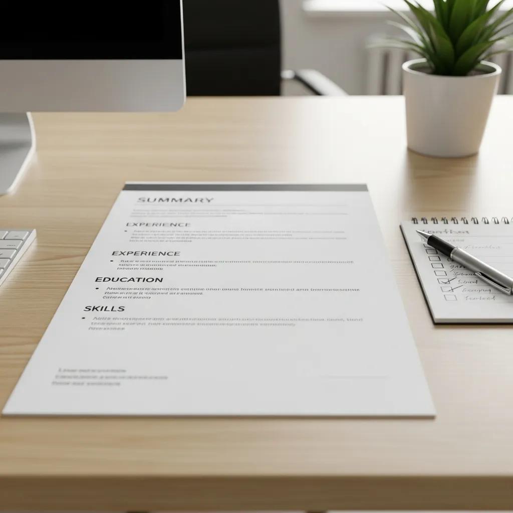 Close-up of a well-structured resume with a checklist and pen on a desk