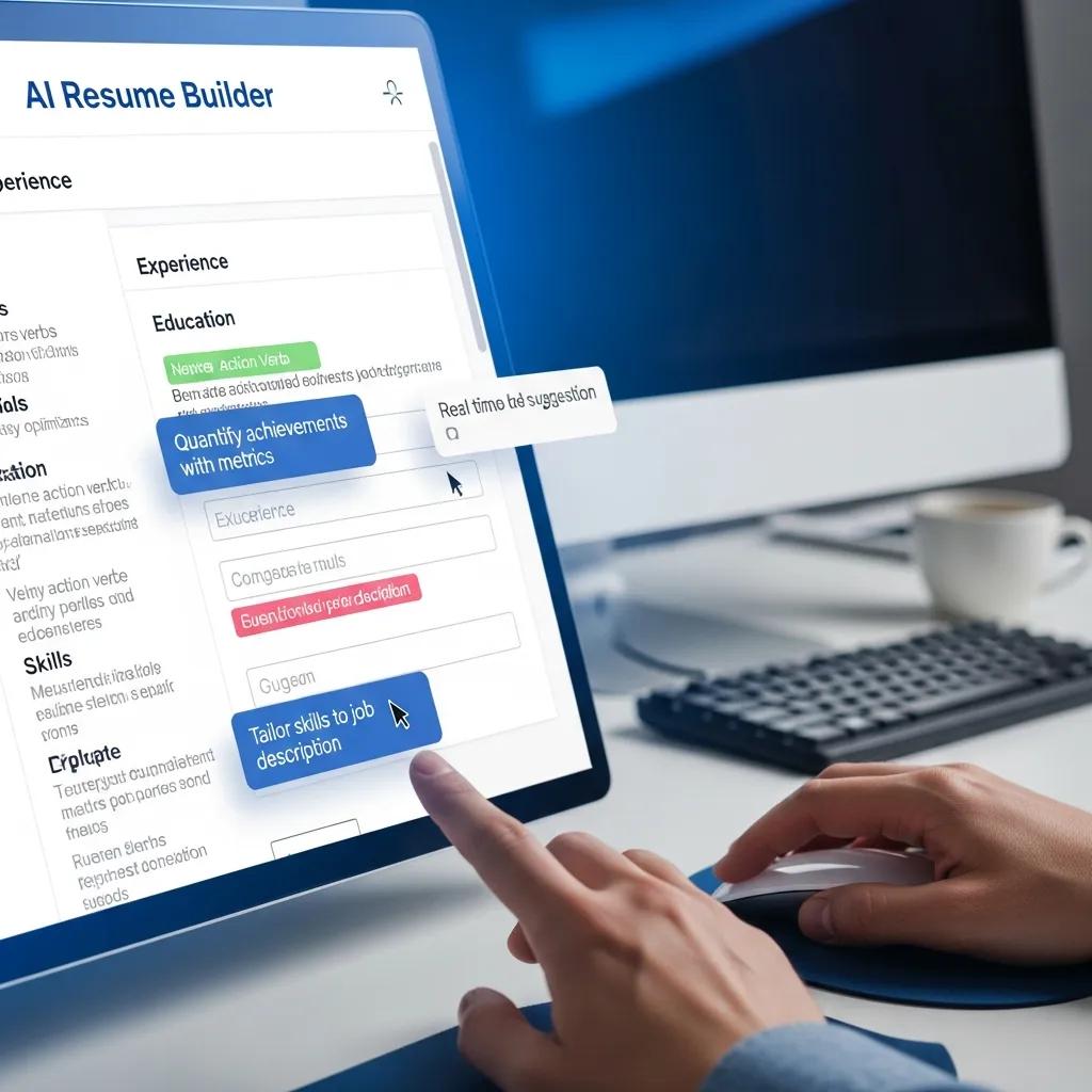 Close-up of an AI resume builder interface highlighting ATS optimization features