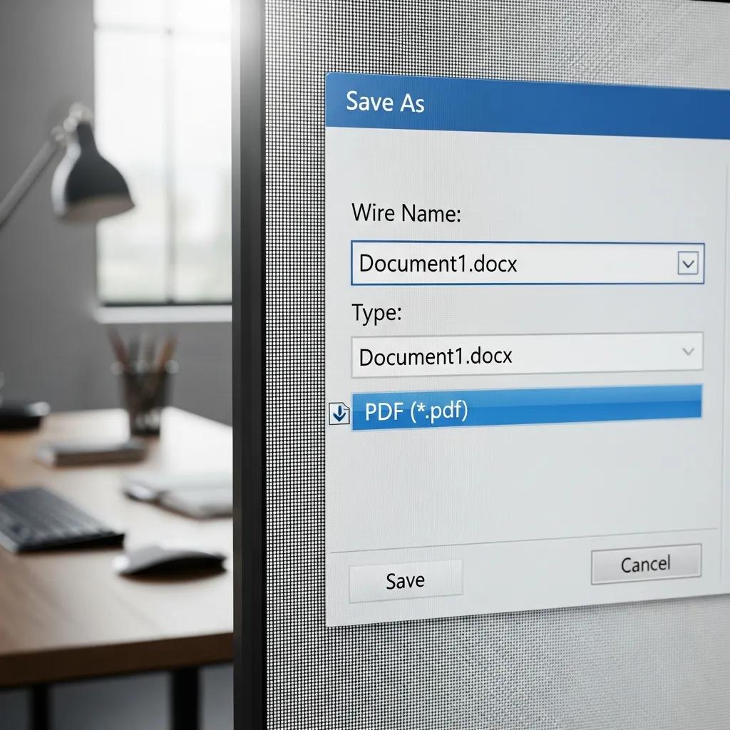 Close-up of computer screen showing 'Save As' dialog in Microsoft Word with PDF option