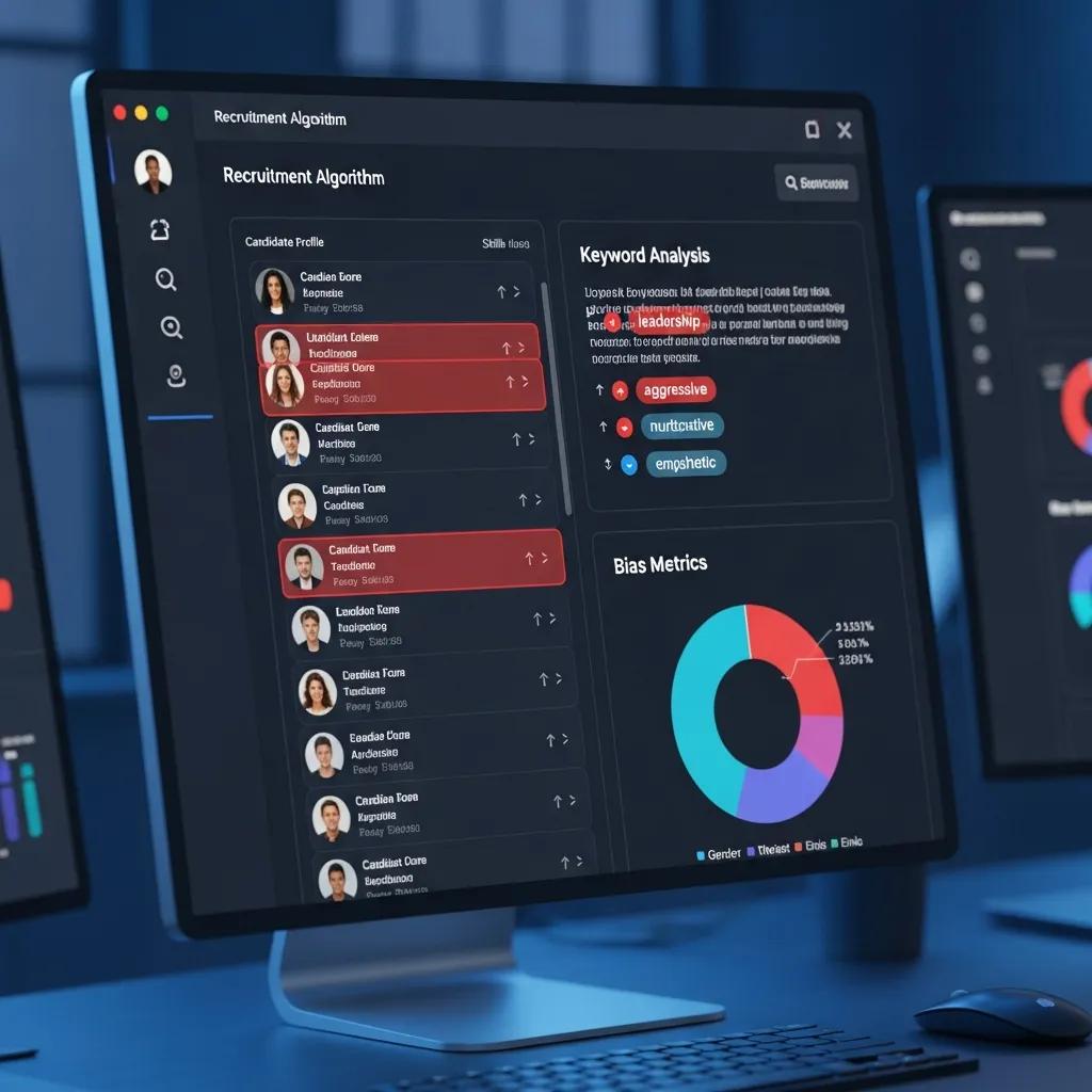 Computer screen showing recruitment algorithm interface highlighting bias in candidate selection