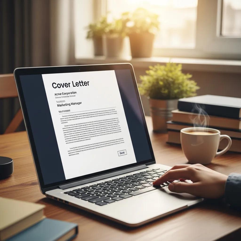 Cover letter document on laptop screen with hand reaching for keyboard in cozy home office
