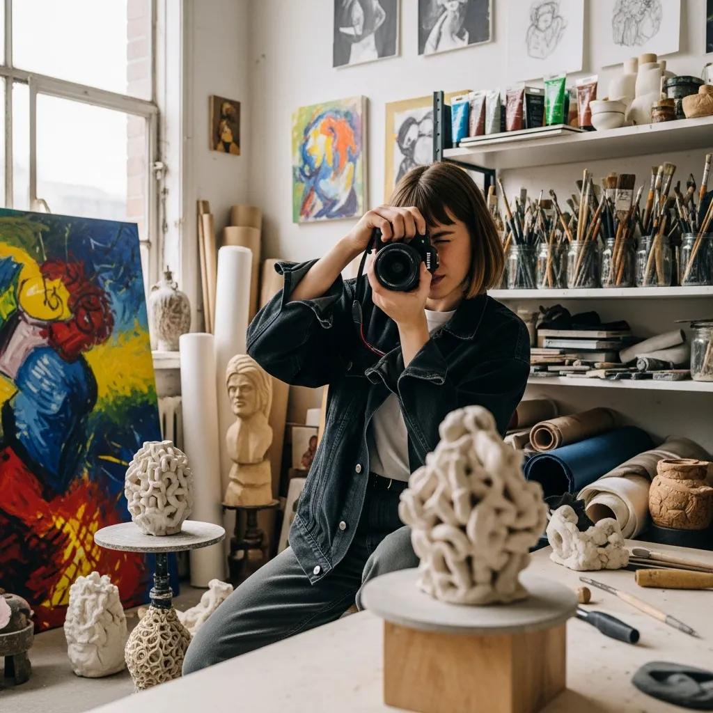 Creative professional capturing high-quality images in an art studio, highlighting the role of visual storytelling in portfolio engagement