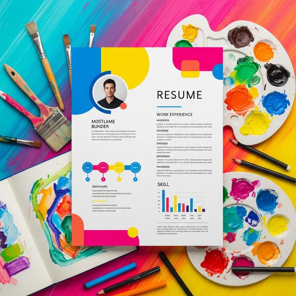Creative resume design with bold colors and artistic elements surrounding it