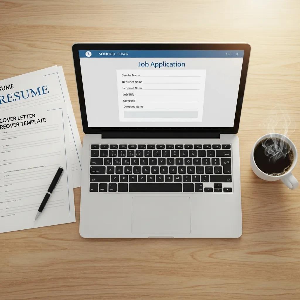 Desk setup with job application email templates and a laptop for effective email writing