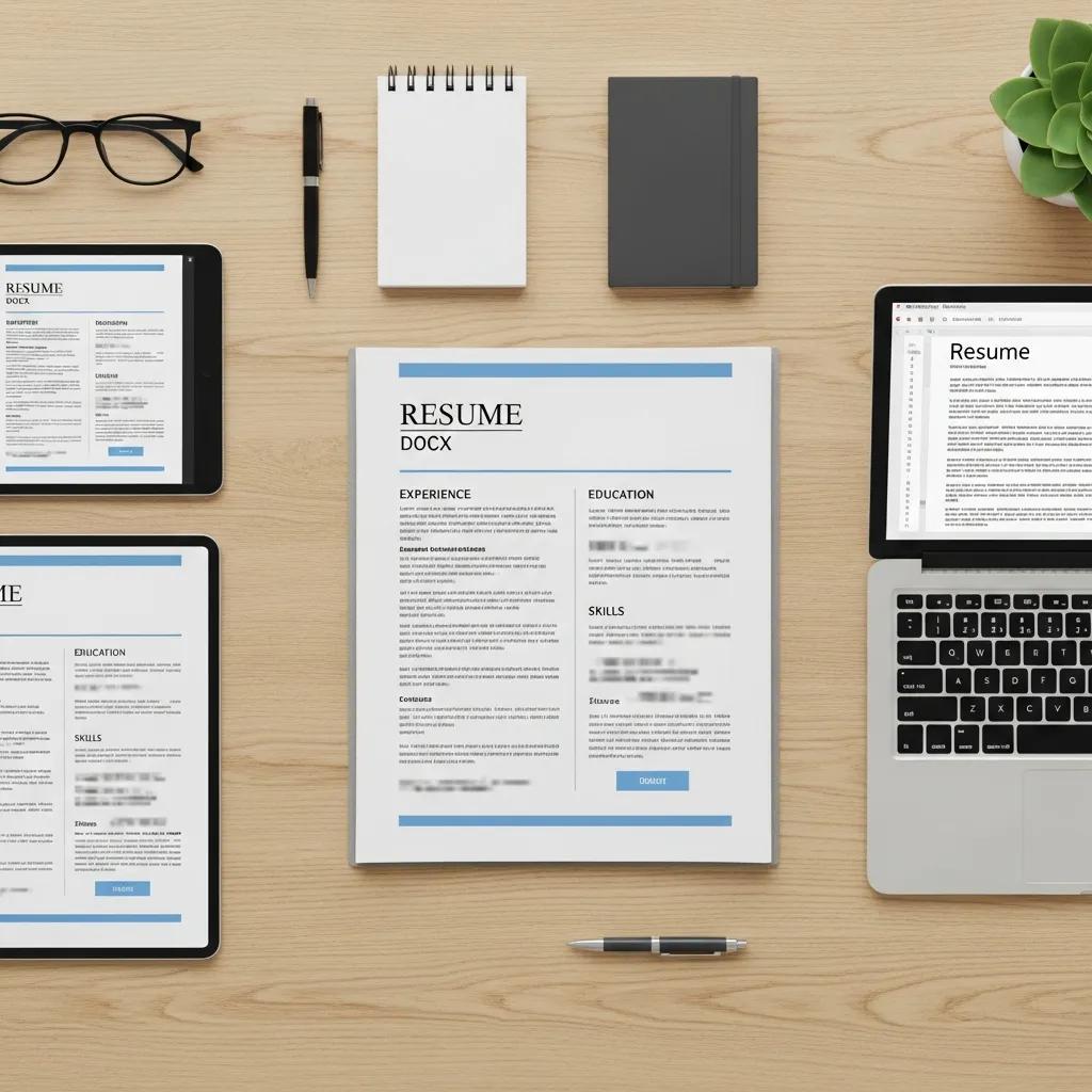 Different ATS-friendly resume formats displayed on a desk