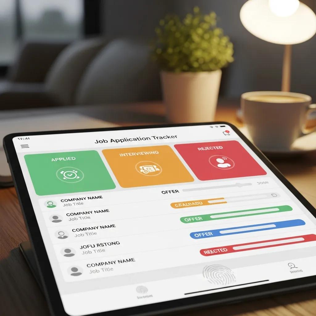 Digital job application tracker interface on a tablet in a cozy workspace