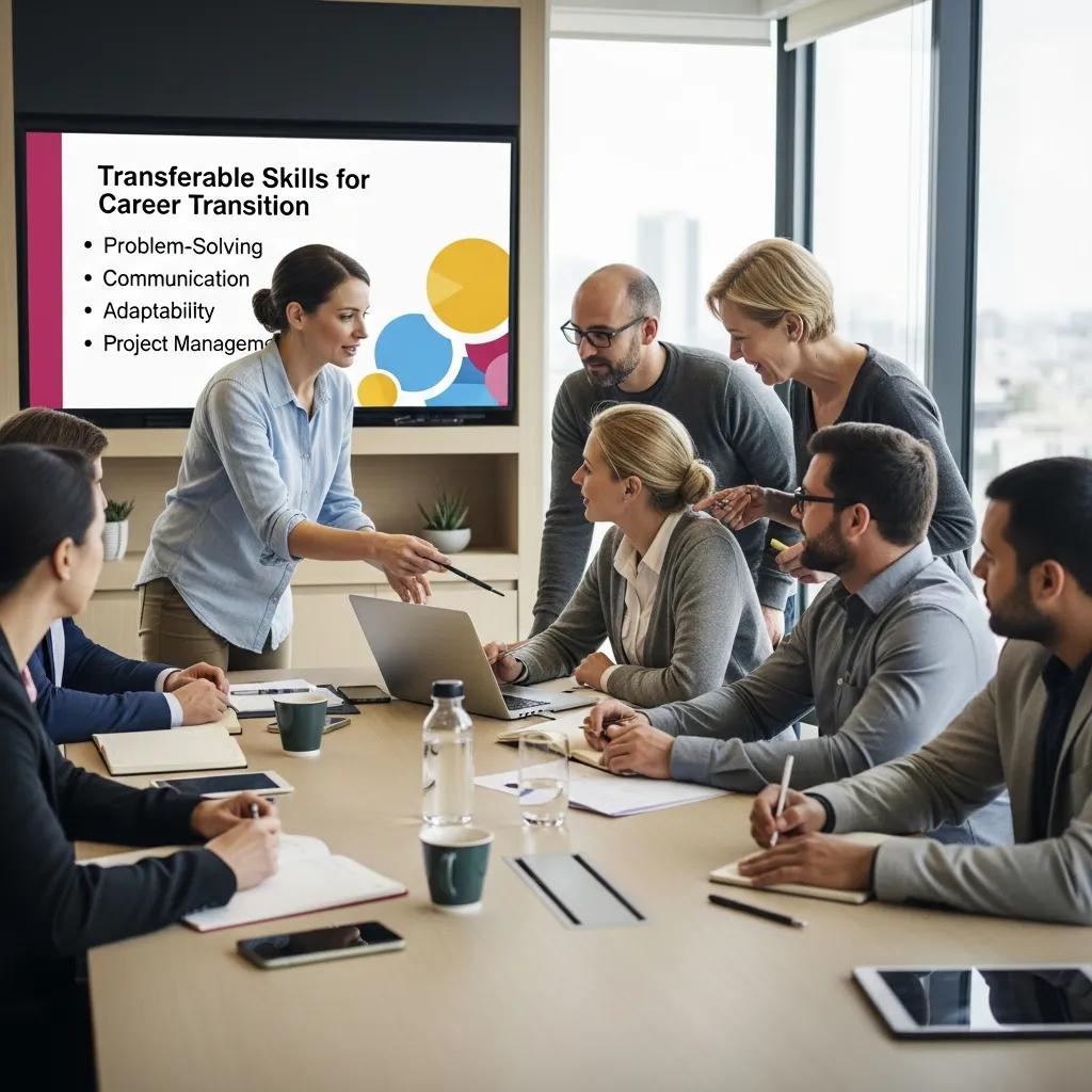 Diverse professionals collaborating, highlighting teamwork and transferable skills in career change