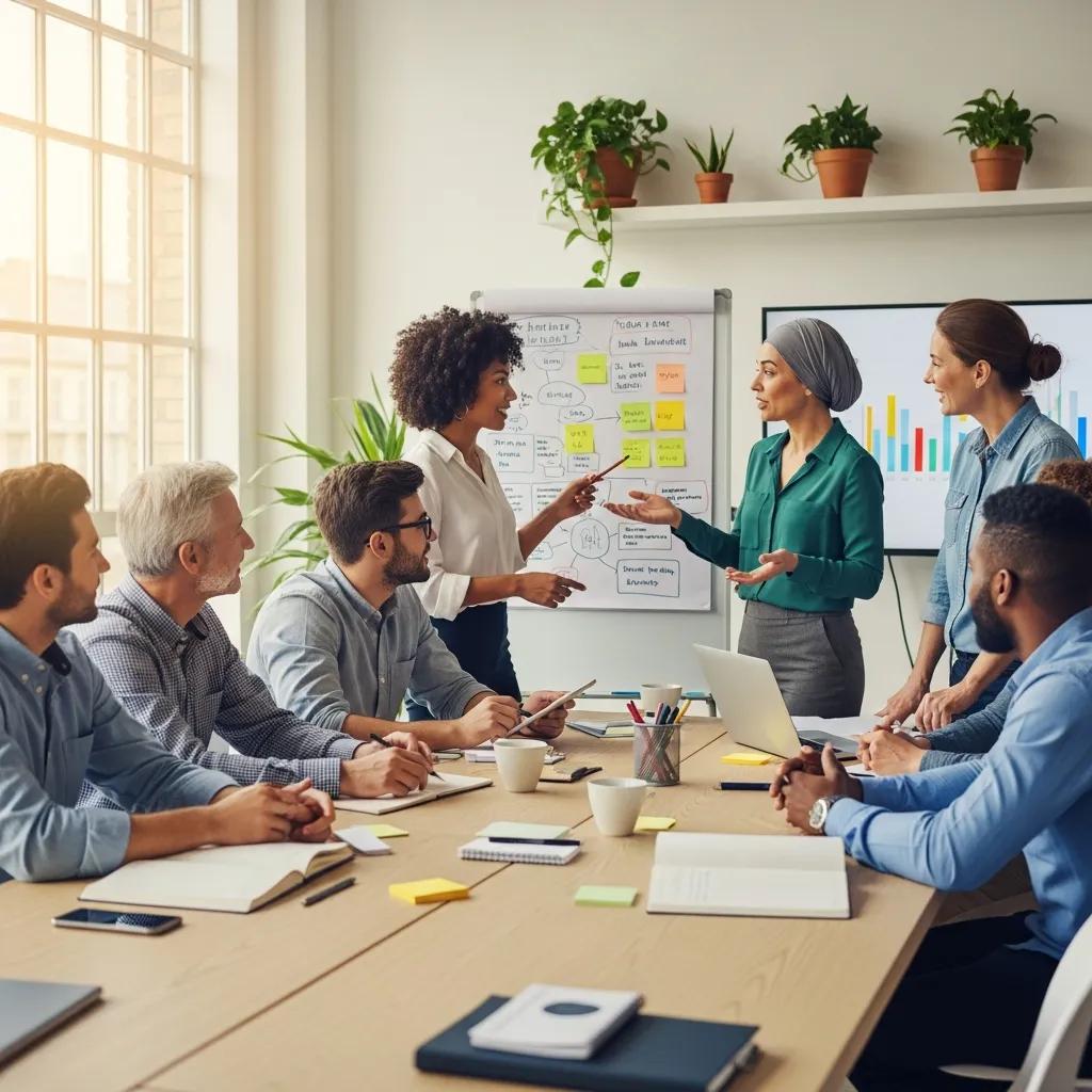 Diverse team collaborating in a meeting room highlighting soft skills