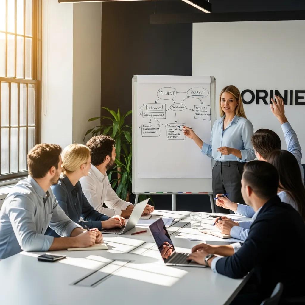 Diverse team in a meeting with a leader presenting ideas, illustrating leadership and management action verbs