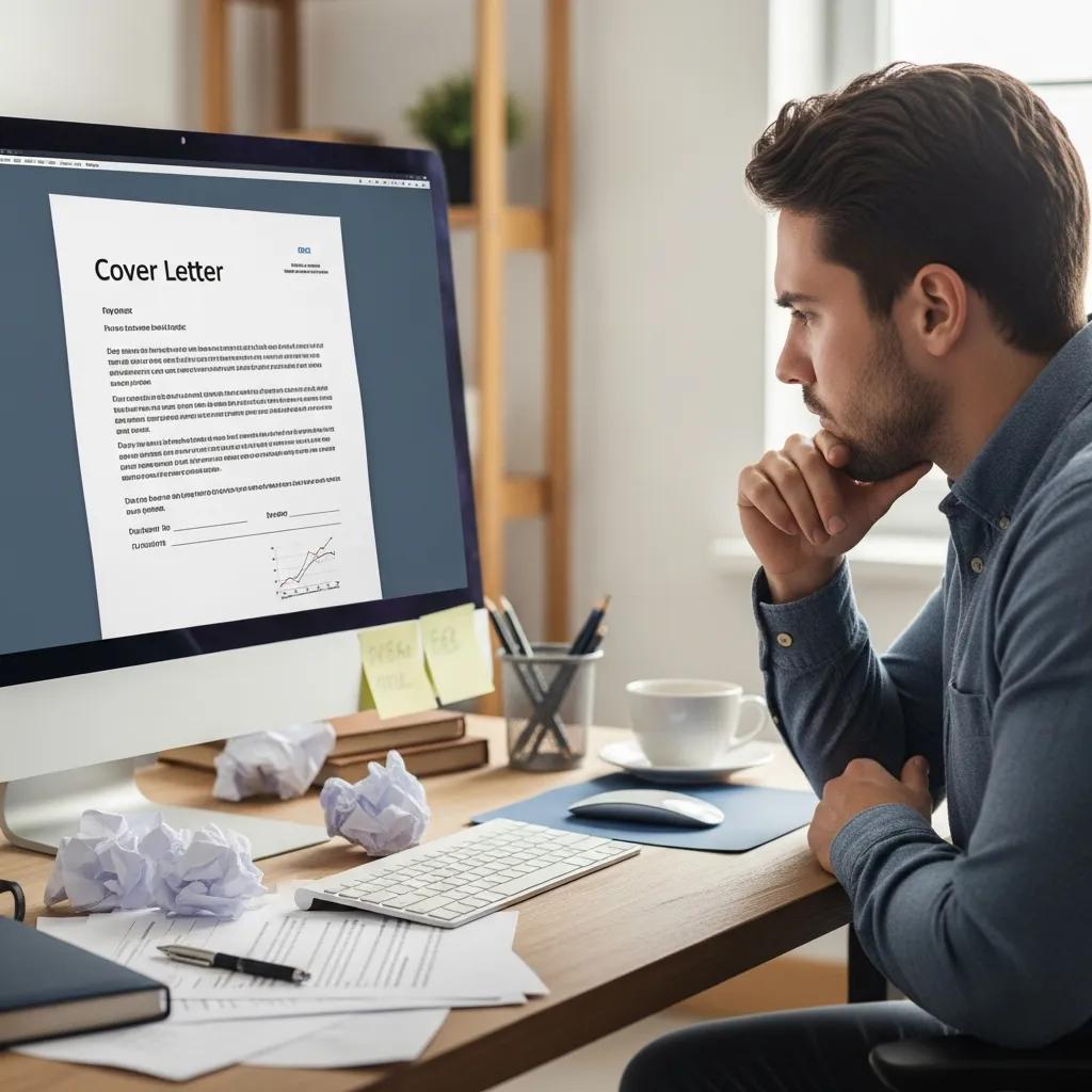 Frustrated young professional reviewing a poorly written cover letter on a computer