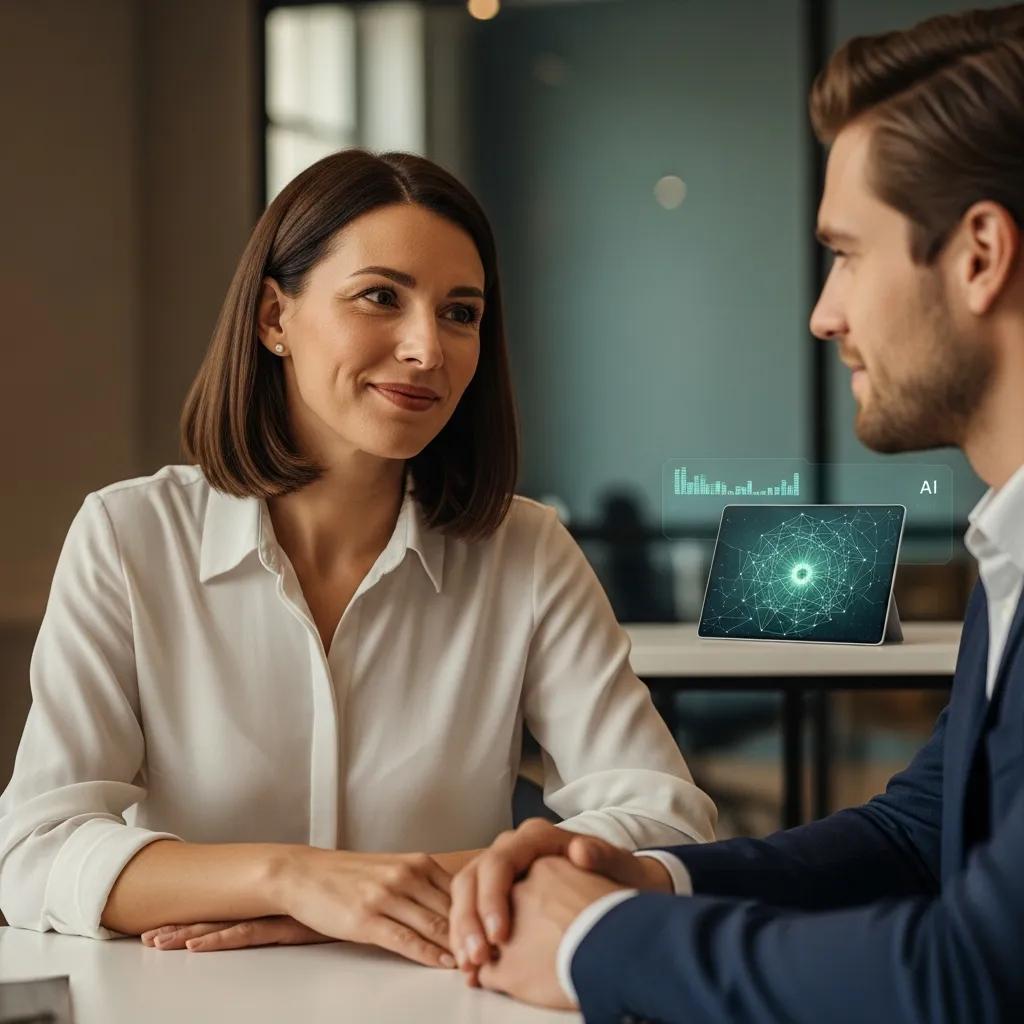 Hiring manager and job candidate in a face-to-face interview emphasizing human connection in AI hiring