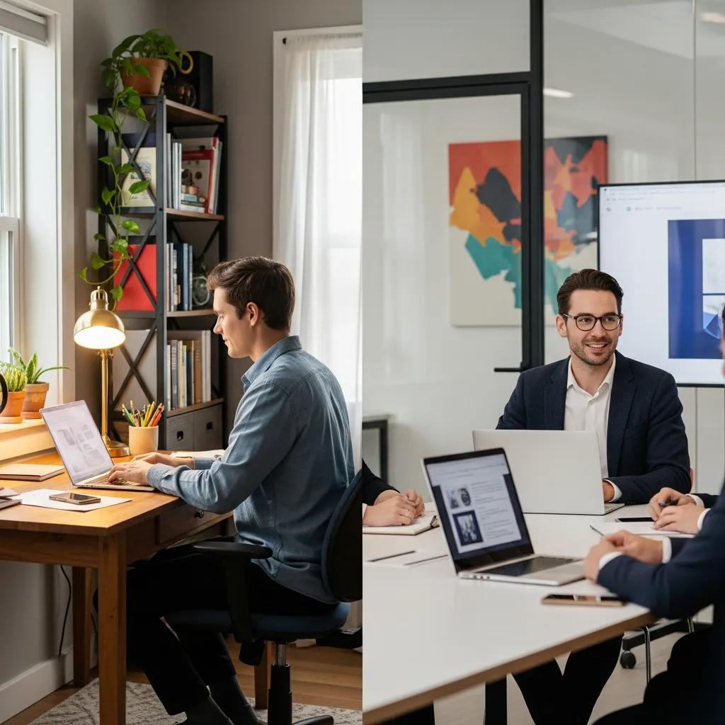 Illustration of hybrid work model with home and office settings