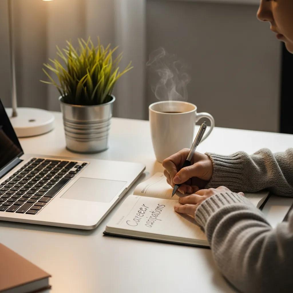 Individual defining career goals in a cozy workspace with a notebook and laptop