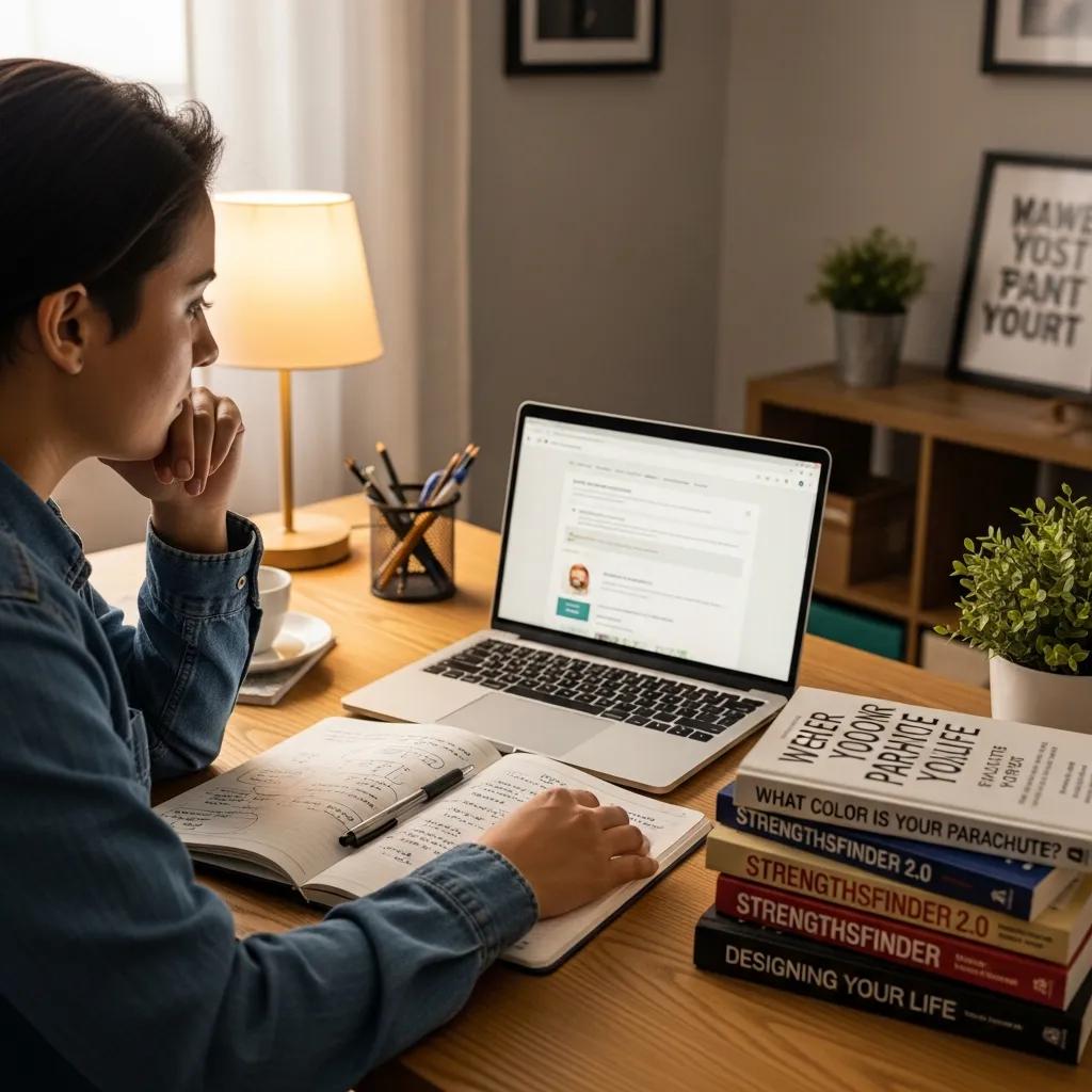 Individual engaged in self-assessment for career goals at a desk
