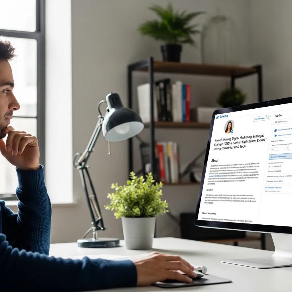 Individual optimizing LinkedIn profile with focus on keywords in a modern workspace