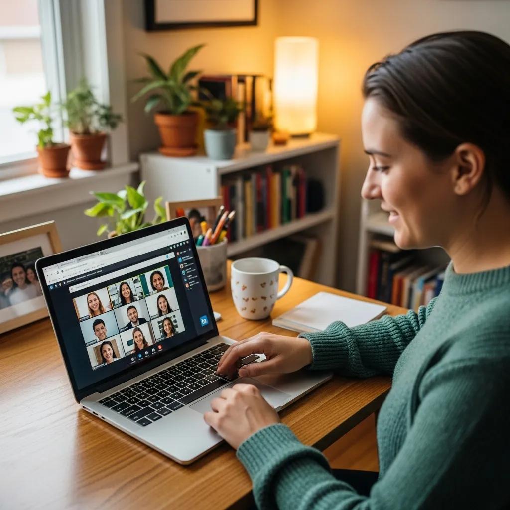 Individual participating in a virtual networking session on LinkedIn in a cozy home office