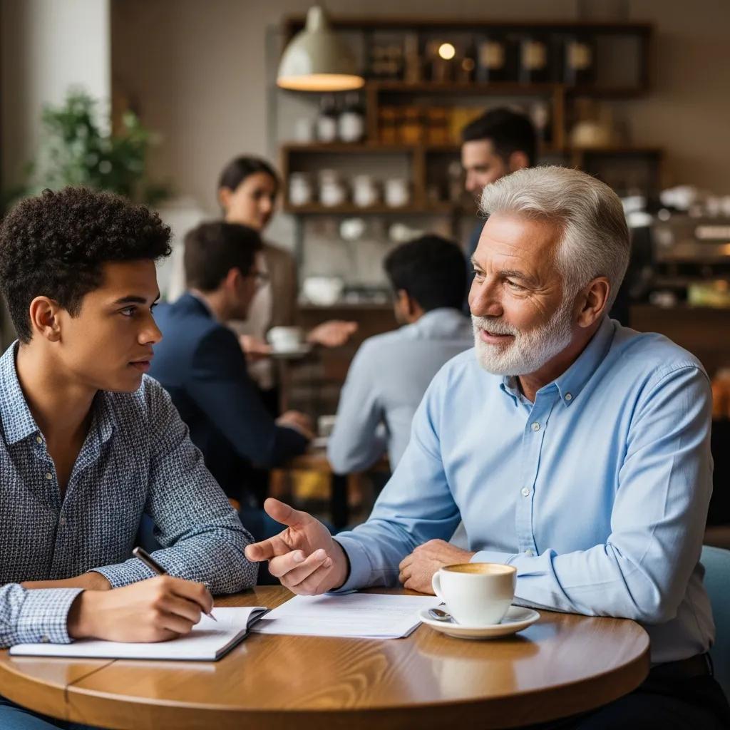 Mentor and mentee discussing career growth in a cozy café setting