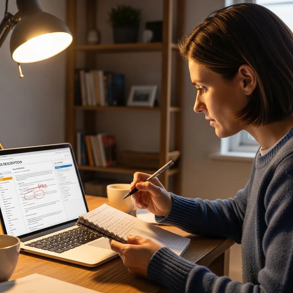 Person analyzing job descriptions to tailor resume statements in a cozy home office
