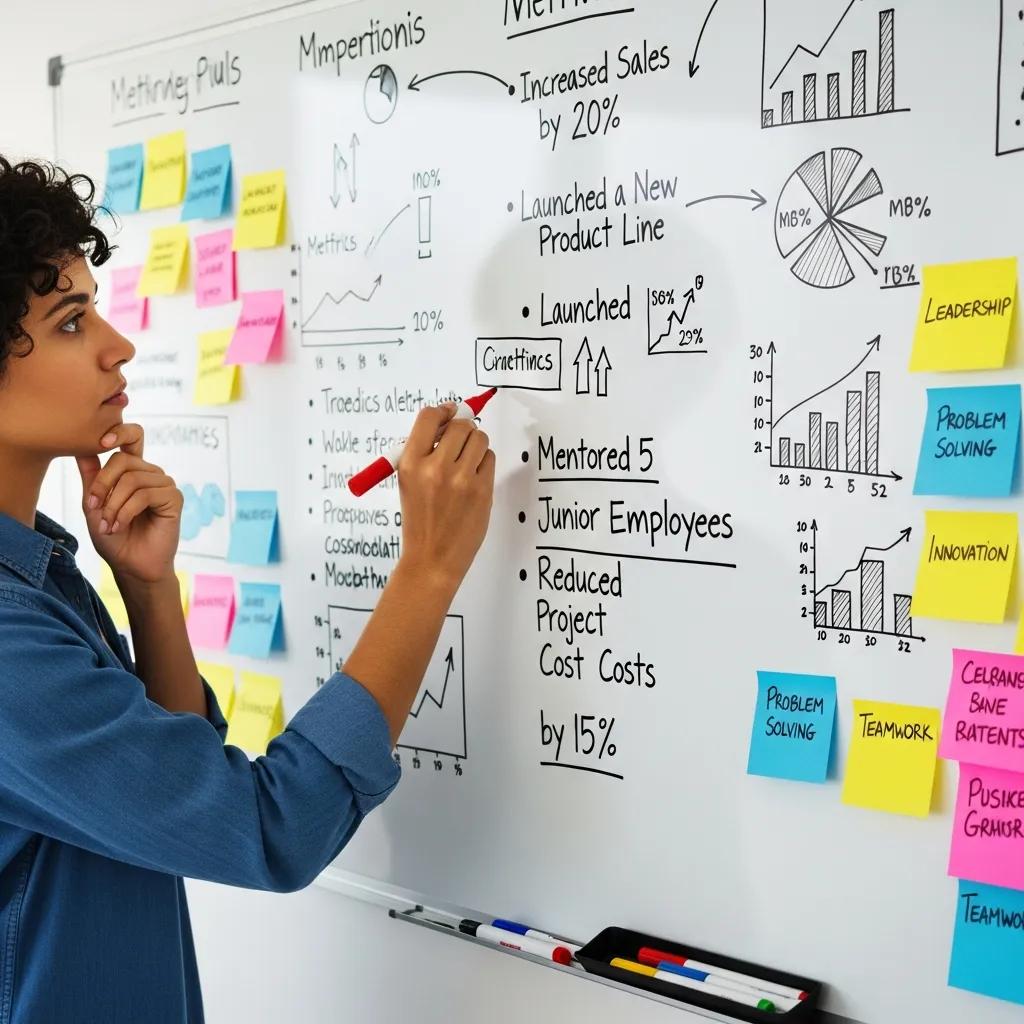 Person brainstorming metrics and achievements on a whiteboard in a creative workspace