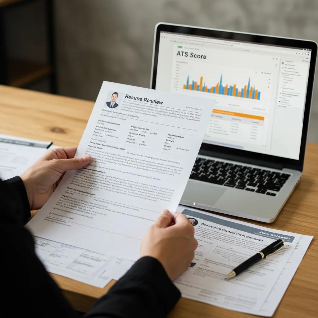 Person reviewing a printed resume with a laptop showing ATS score report