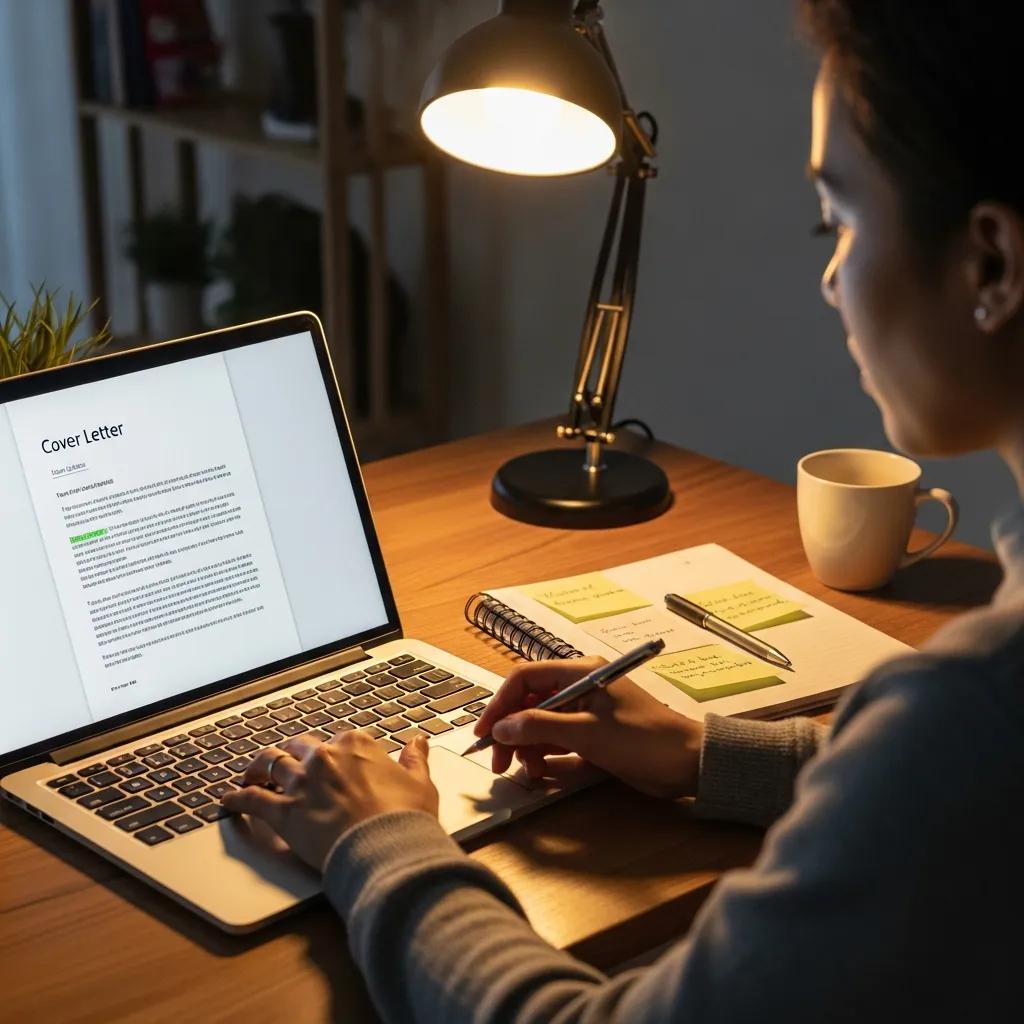 Person writing a personalized cover letter on a laptop in a cozy setting