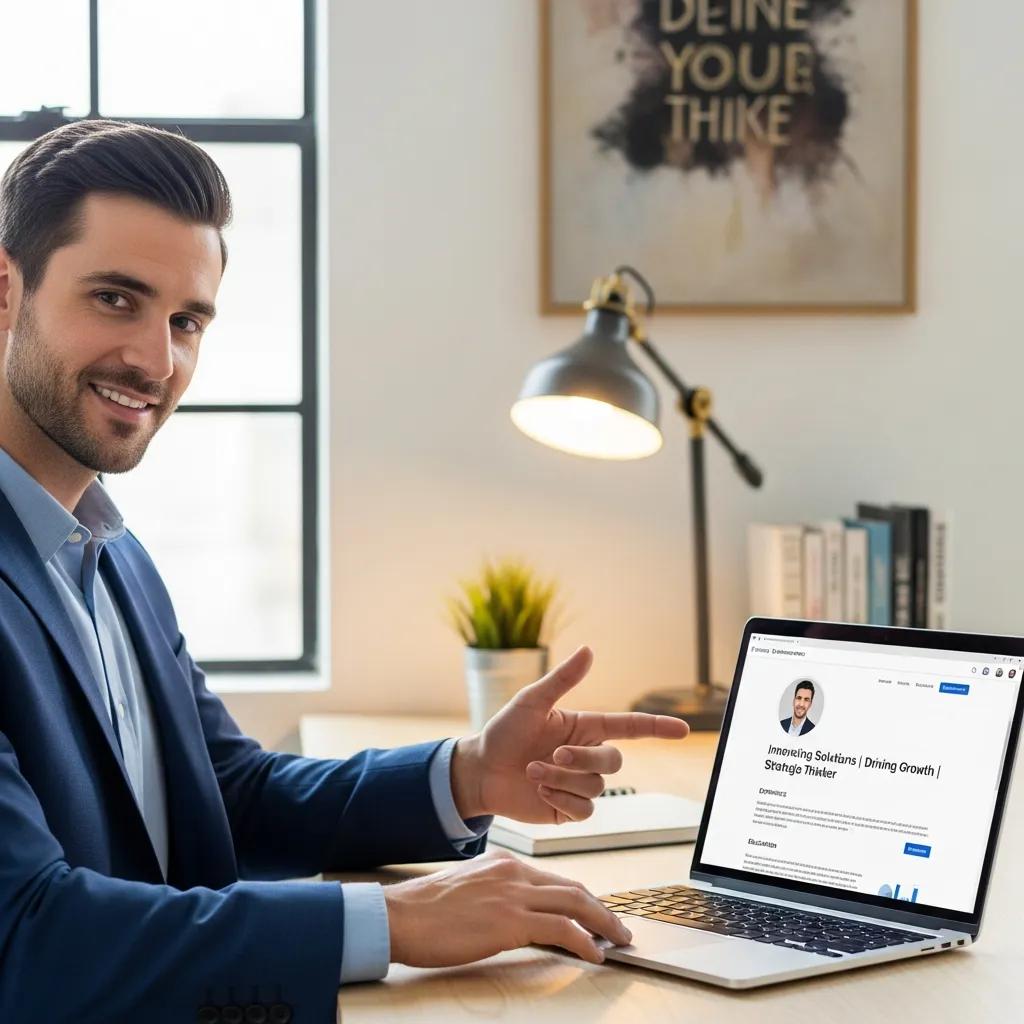 Professional showcasing a LinkedIn profile with a compelling headline in a bright workspace