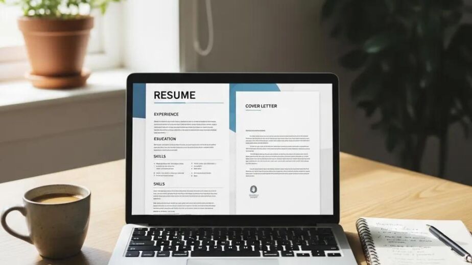 Professional workspace with laptop displaying resume and cover letter, coffee cup, and notepad