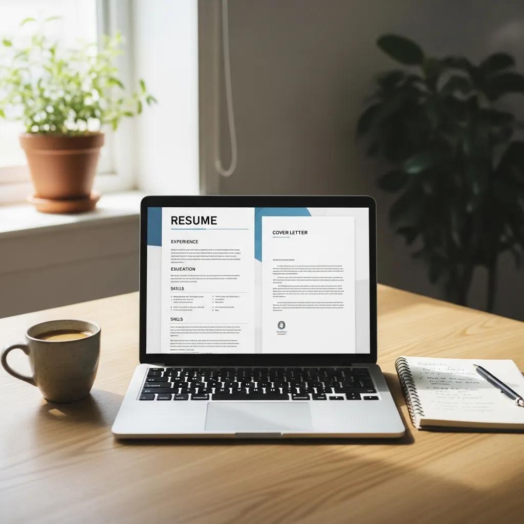 Professional workspace with laptop displaying resume and cover letter, coffee cup, and notepad